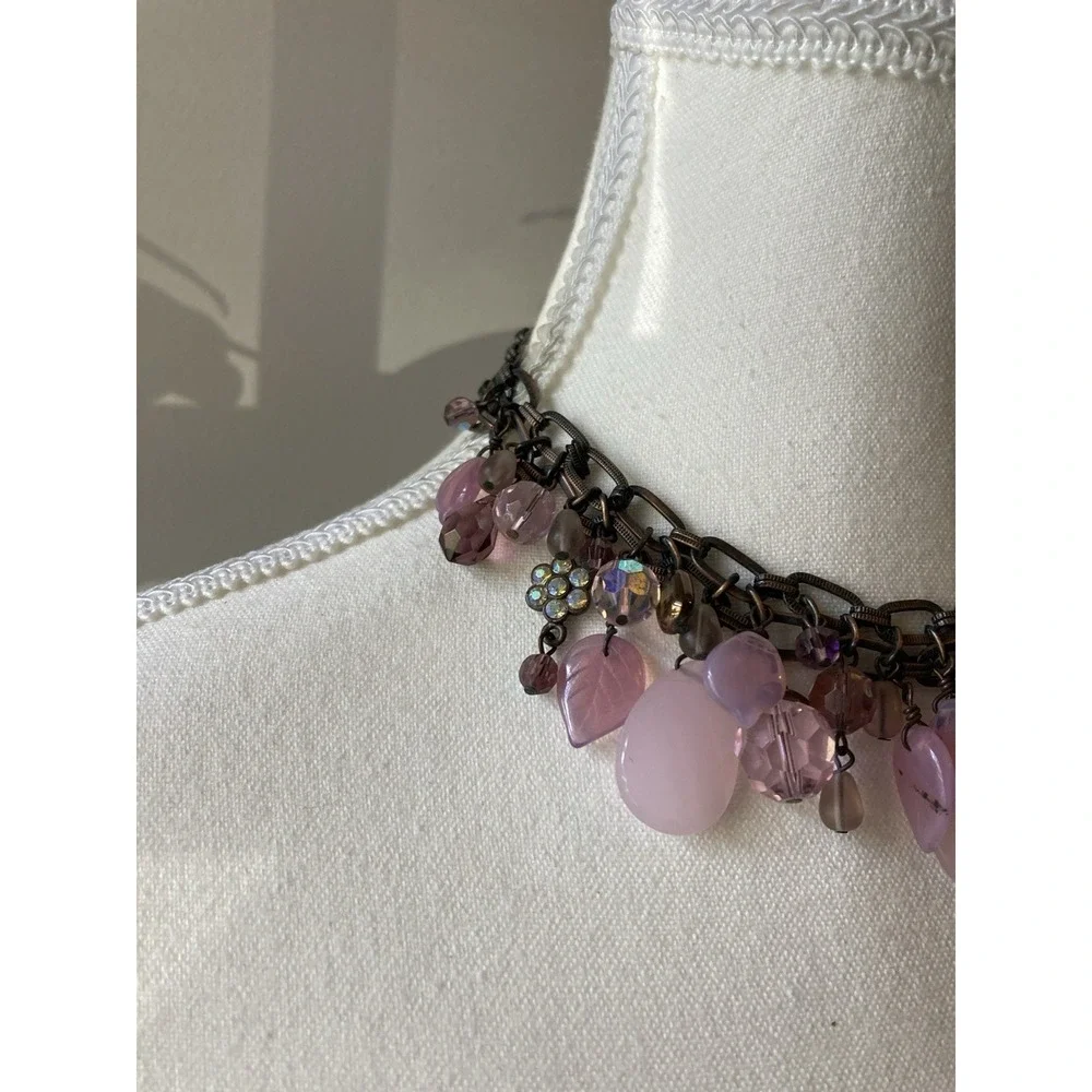 Pink & Purple Lucite Charm Necklace Gunmetal Multi Chain Whimsical Fairy Dangle‎